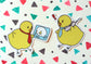 Two stickers are on a background with a geometric pattern. The stickers are two fat chicks, wearing ties. The one on the left is using a stick to point to a chart of an egg. The chick on the right is holding an old, 80's style cell phone and has an exclamation mark above it's head. 